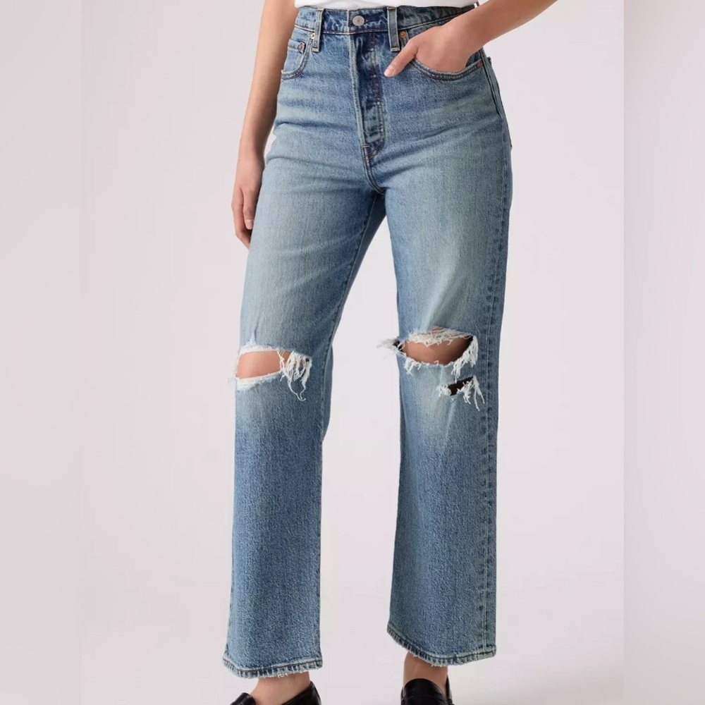 Levi's Light Blue High-Rise Distressed Straight Jeans
